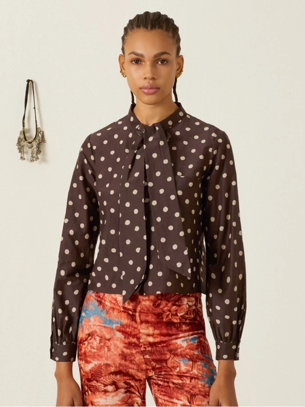 Alix of Bohemia Brown Polka Dot Tie-Neck Blouse